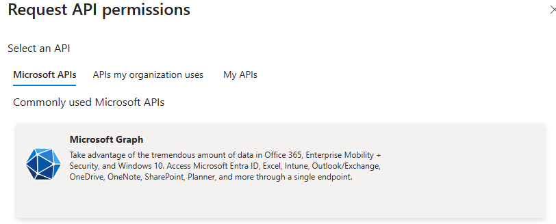Screenshot showing Microsoft Graph API selection in Request API permissions dialog