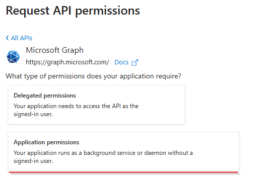 Screenshot highlighting Application permissions option in Microsoft Graph permissions