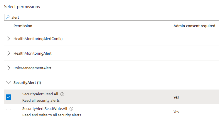 Screenshot showing SecurityAlert.Read.All permission in Microsoft Graph permissions list
