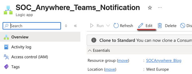Screenshot of Logic App overview page with Edit button highlighted