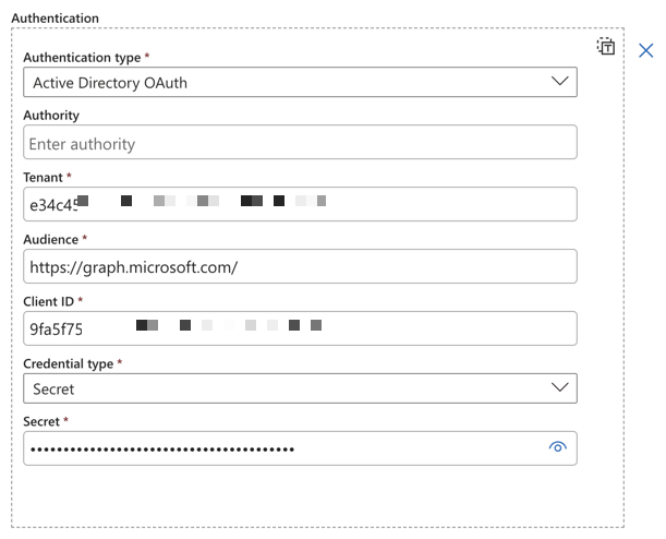 Screenshot of HTTP action authentication configuration with OAuth settings