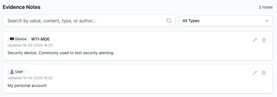 Evidence notes overview page showing searchable list of notes across all incidents