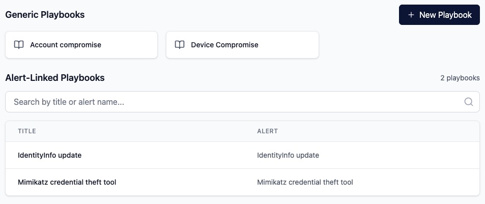 Playbook overview page showing a list of response playbooks in SOC Anywhere