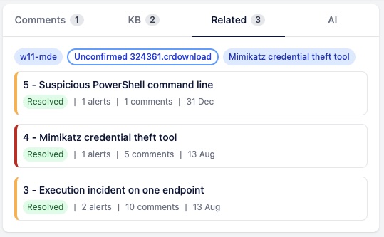 Related incidents panel showing connected incidents with evidence filter tags in SOC Anywhere